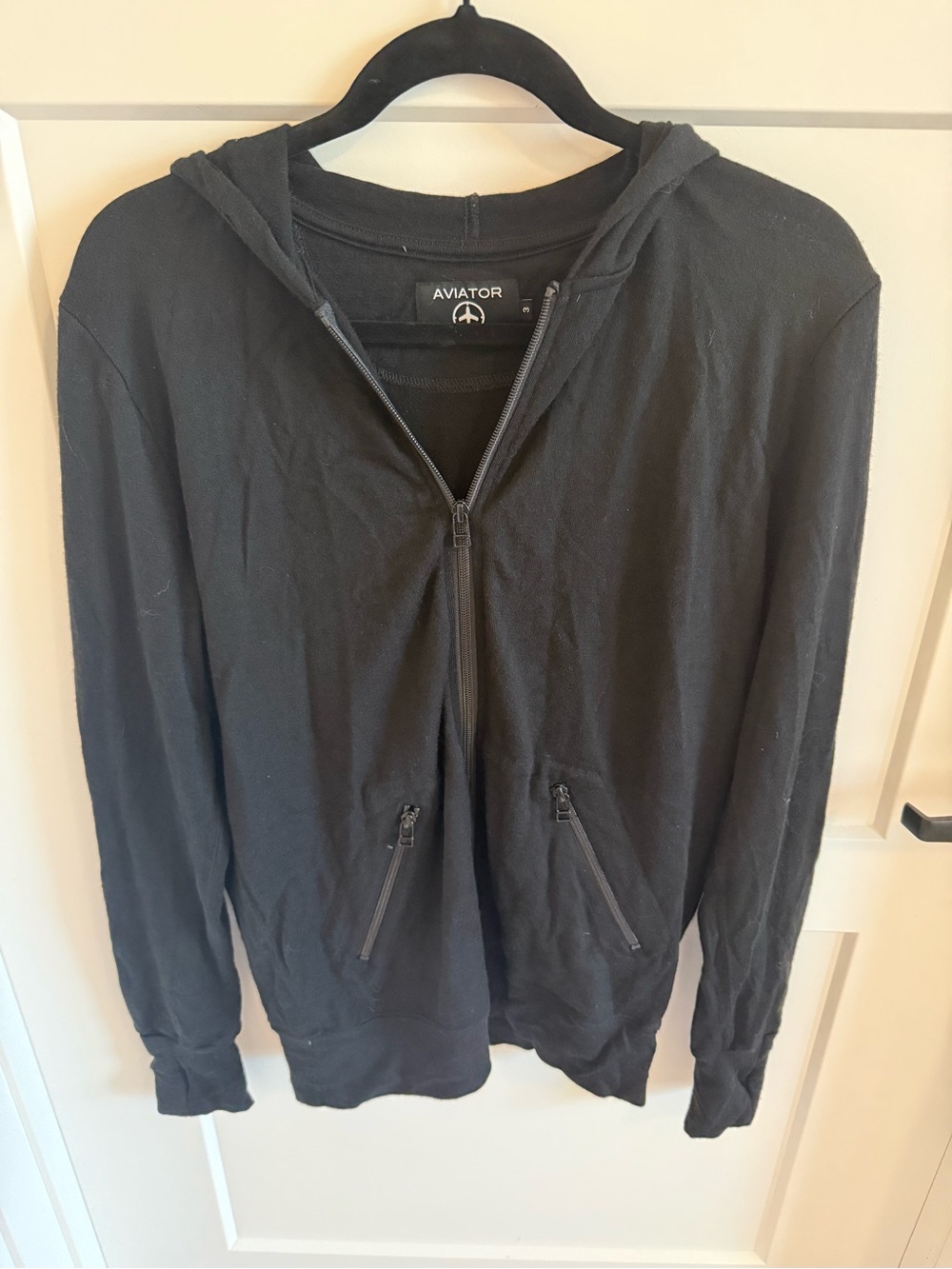 Aviator First Class Merino Travel Hoodie Black 100% Merino Wool Full Zip Size 3